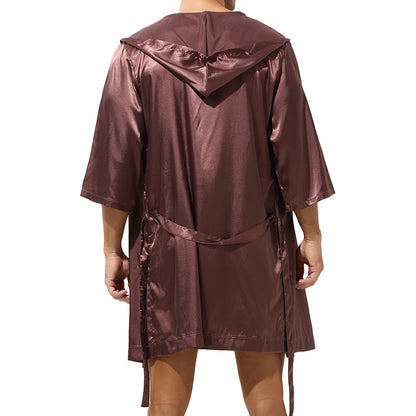 Mens Half Sleeve Sleepwear Set Hooded Open Front Belted Bathrobe with Elastic Waistband Shorts for Nightwear Loungewear