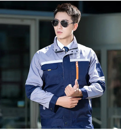 Mens Factory Work Shirt Uniform Long Sleeve Turn-down Collar Workwear Motor Mechanic Repair Workshop Two-pocket T-shirts Tops
