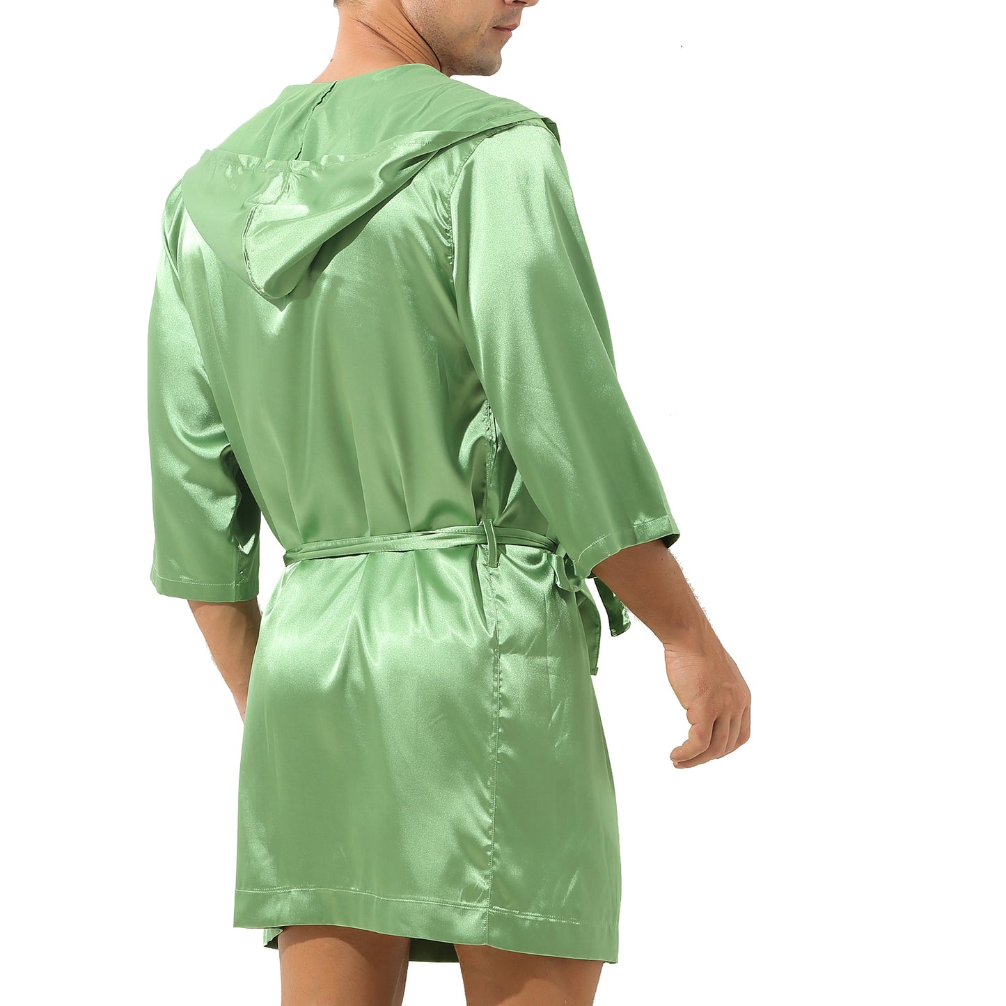 Mens Half Sleeve Sleepwear Set Hooded Open Front Belted Bathrobe with Elastic Waistband Shorts for Nightwear Loungewear