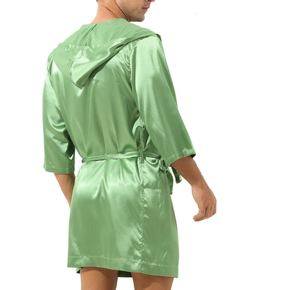 Mens Half Sleeve Sleepwear Set Hooded Open Front Belted Bathrobe with Elastic Waistband Shorts for Nightwear Loungewear