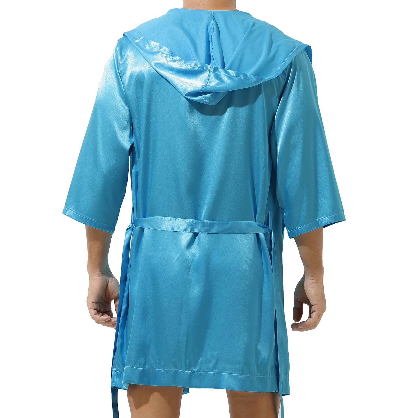 Mens Half Sleeve Sleepwear Set Hooded Open Front Belted Bathrobe with Elastic Waistband Shorts for Nightwear Loungewear