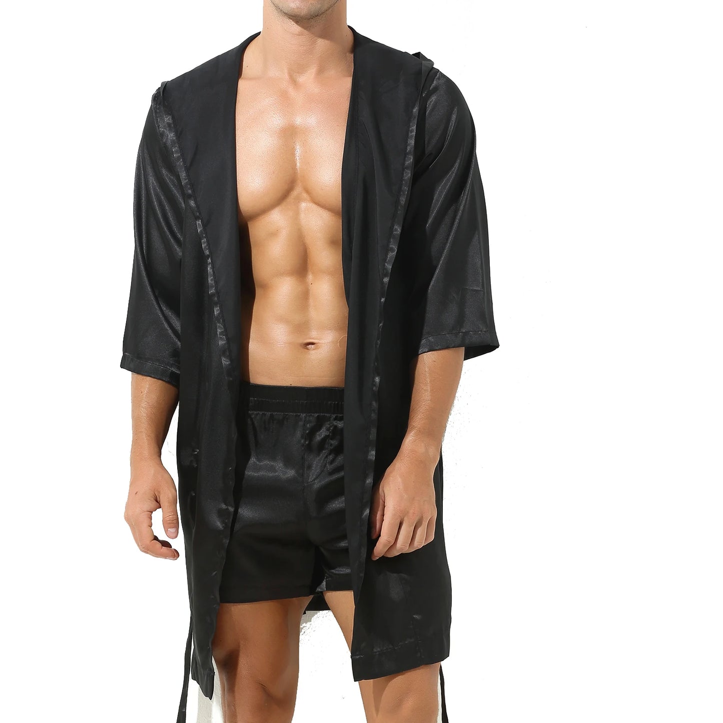 Mens Half Sleeve Sleepwear Set Hooded Open Front Belted Bathrobe with Elastic Waistband Shorts for Nightwear Loungewear