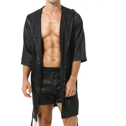 Mens Half Sleeve Sleepwear Set Hooded Open Front Belted Bathrobe with Elastic Waistband Shorts for Nightwear Loungewear
