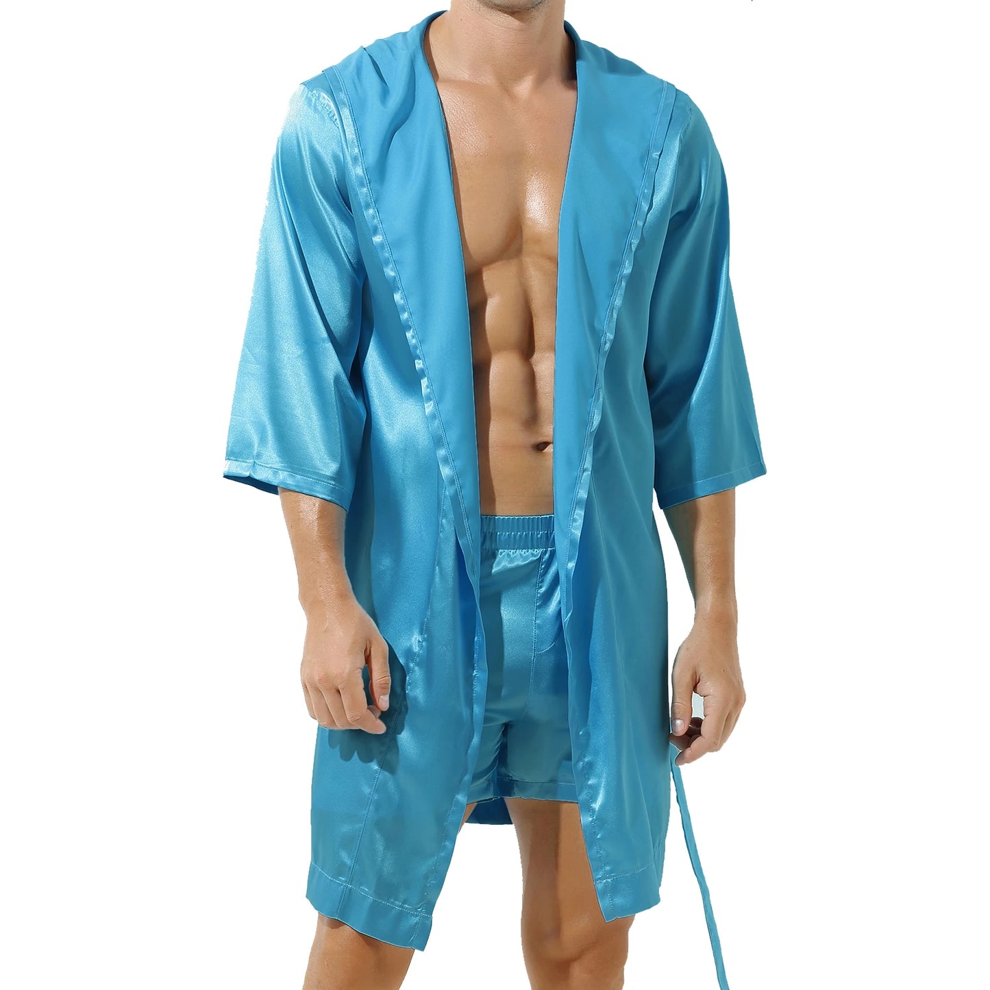 Mens Half Sleeve Sleepwear Set Hooded Open Front Belted Bathrobe with Elastic Waistband Shorts for Nightwear Loungewear