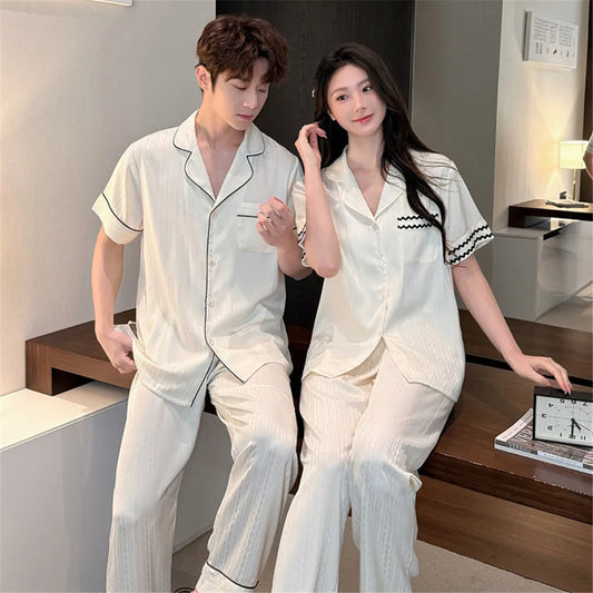 Couple Men Women Pajama Sets Sleepwear For Sleeping Shirt Silk Short Sleeve Pants Pyjama Male Home Night Wear Loungewear