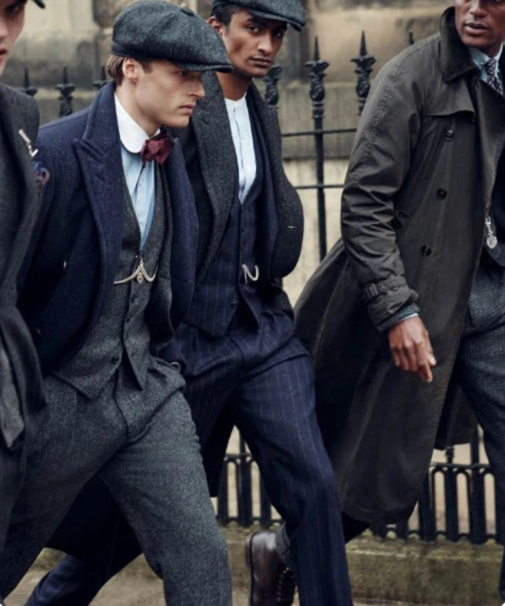 Mens Winter Groom Wear Wedding Dress Business Suit Party Suit Herringbone Tweed 4Piece (Overcoat+Jacket+Pant+Vest)