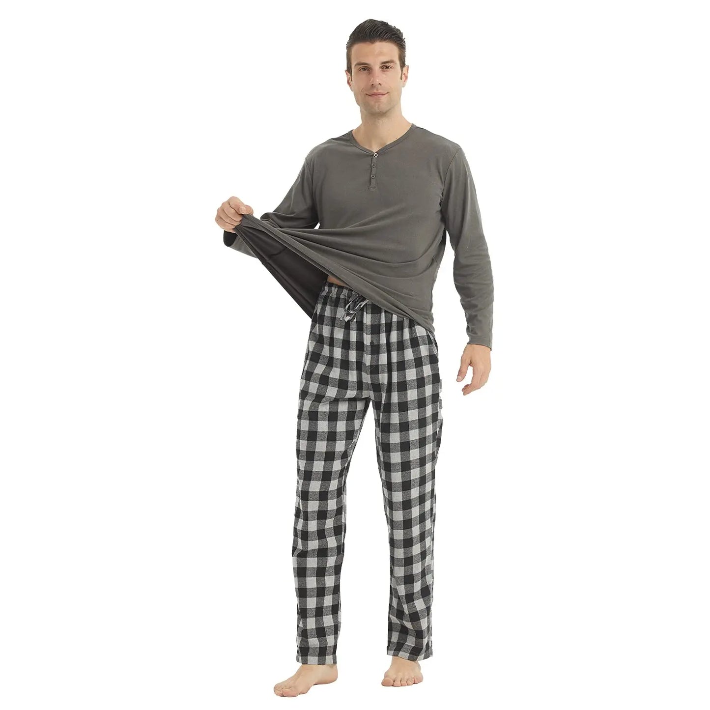 Mens Pajama Sets Long Sleeve Flannel Pajama Bottoms Mens Loungewear Sets Soft Warm Plaid Pj Set for Men Button Shirt