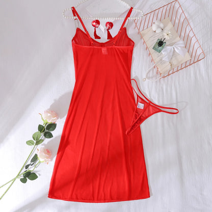 2025 new mesh sexy see through red shapewear nightgown with tassel chest patch underwear set, two-piece set