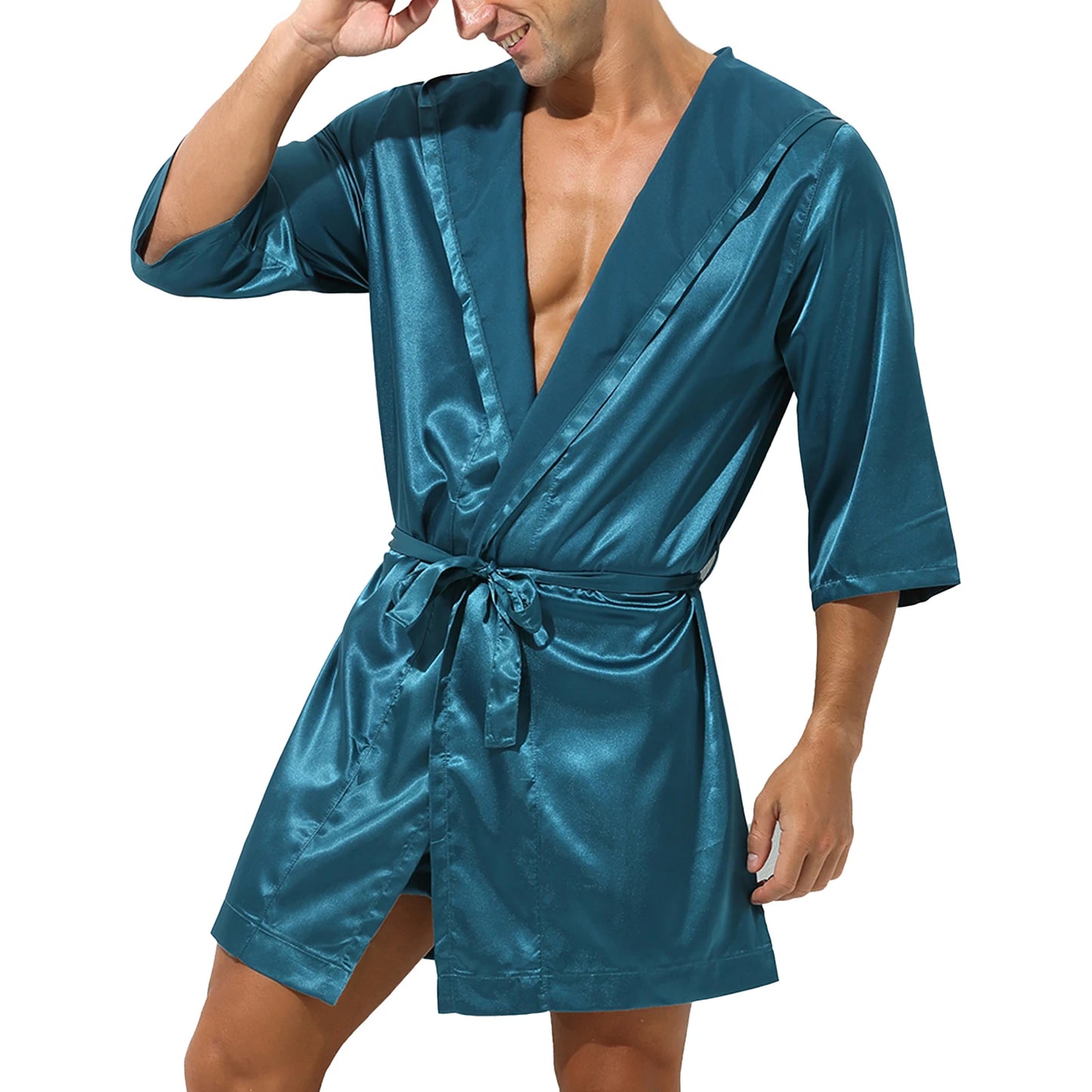 Mens Half Sleeve Sleepwear Set Hooded Open Front Belted Bathrobe with Elastic Waistband Shorts for Nightwear Loungewear
