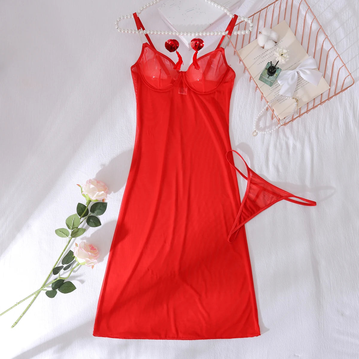 2025 new mesh sexy see through red shapewear nightgown with tassel chest patch underwear set, two-piece set