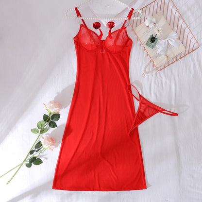 2025 new mesh sexy see through red shapewear nightgown with tassel chest patch underwear set, two-piece set