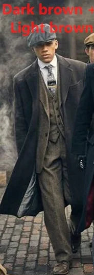 Mens Winter Groom Wear Wedding Dress Business Suit Party Suit Herringbone Tweed 4Piece (Overcoat+Jacket+Pant+Vest)