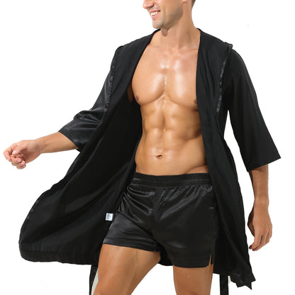 Mens Half Sleeve Sleepwear Set Hooded Open Front Belted Bathrobe with Elastic Waistband Shorts for Nightwear Loungewear