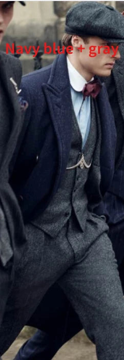 Mens Winter Groom Wear Wedding Dress Business Suit Party Suit Herringbone Tweed 4Piece (Overcoat+Jacket+Pant+Vest)