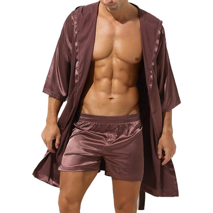 Mens Half Sleeve Sleepwear Set Hooded Open Front Belted Bathrobe with Elastic Waistband Shorts for Nightwear Loungewear