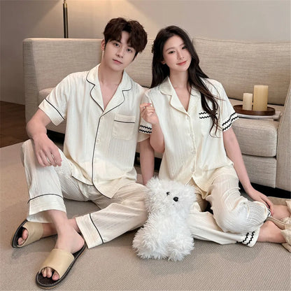 Couple Men Women Pajama Sets Sleepwear For Sleeping Shirt Silk Short Sleeve Pants Pyjama Male Home Night Wear Loungewear
