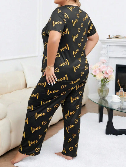 Women Sleepwear Pajamas Suit 2 Piece Sets Top Pants Outfits Short Sleeve Print Round Collar Summer Nightwear Trousers Loungewear