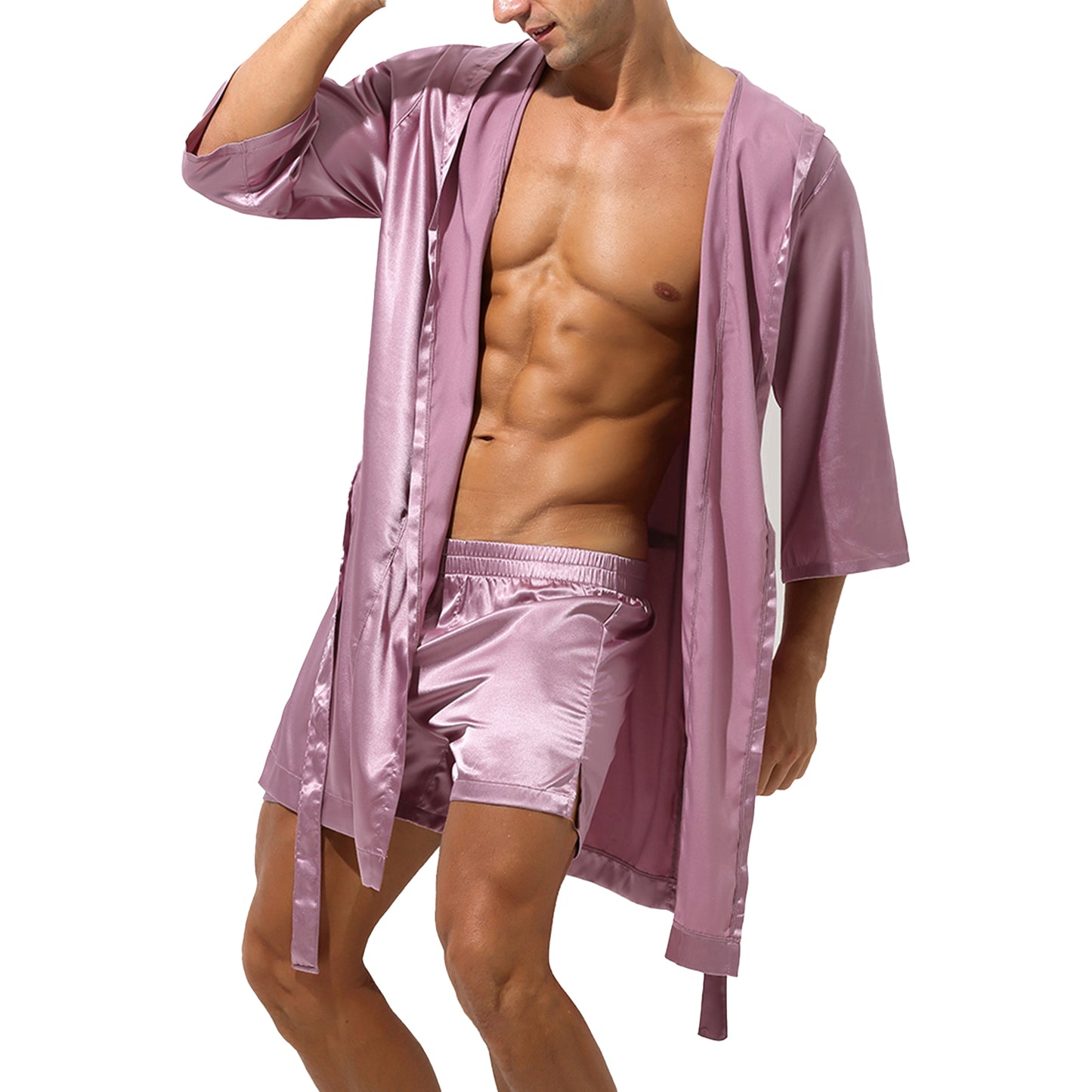 Mens Half Sleeve Sleepwear Set Hooded Open Front Belted Bathrobe with Elastic Waistband Shorts for Nightwear Loungewear