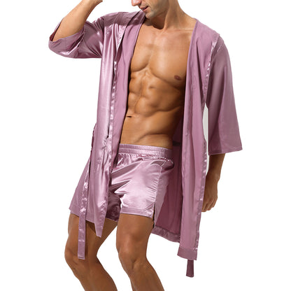 Mens Half Sleeve Sleepwear Set Hooded Open Front Belted Bathrobe with Elastic Waistband Shorts for Nightwear Loungewear