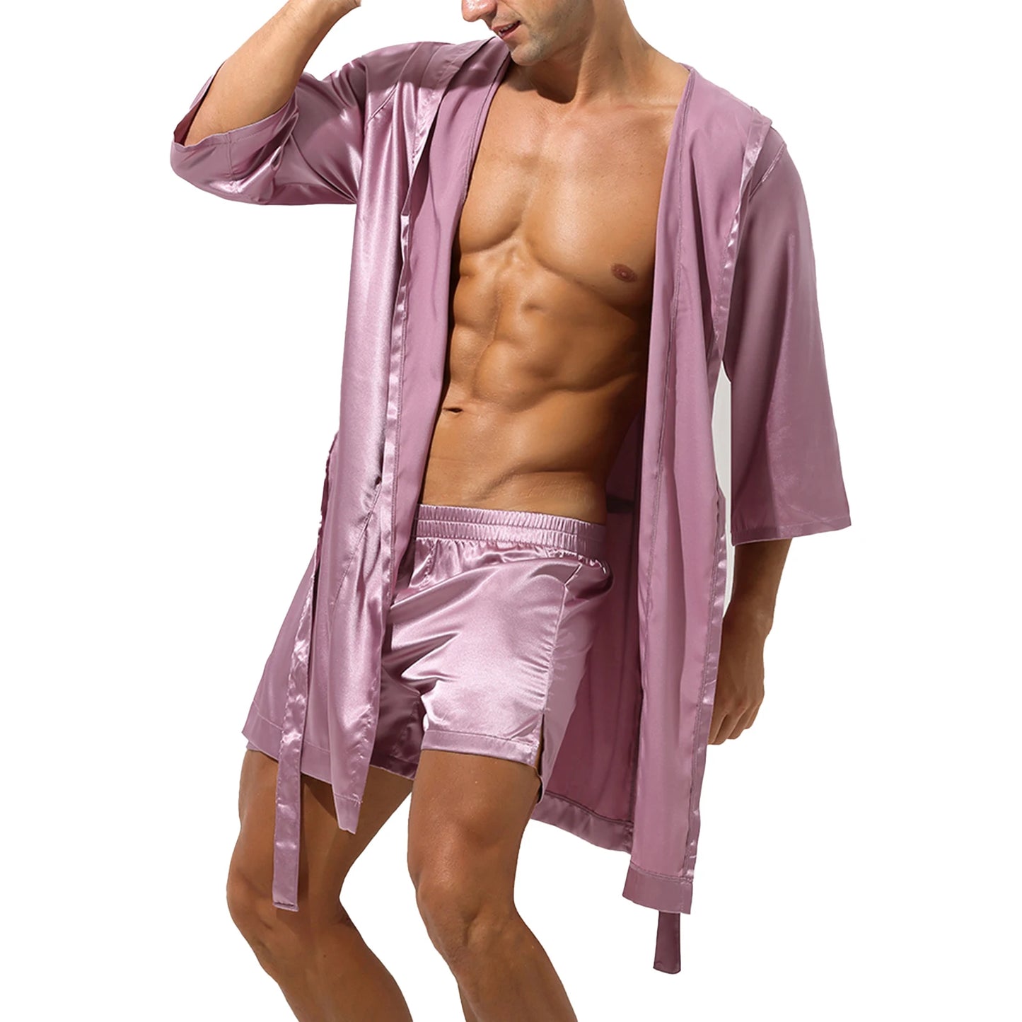 Mens Half Sleeve Sleepwear Set Hooded Open Front Belted Bathrobe with Elastic Waistband Shorts for Nightwear Loungewear