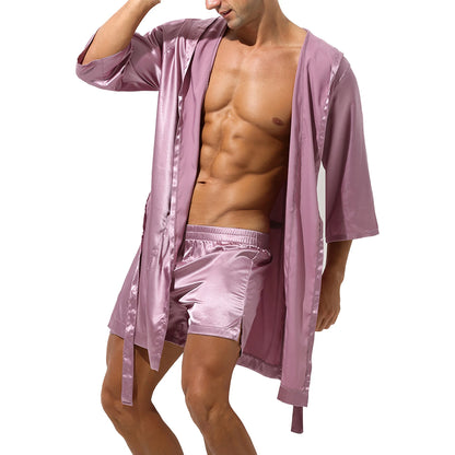 Mens Half Sleeve Sleepwear Set Hooded Open Front Belted Bathrobe with Elastic Waistband Shorts for Nightwear Loungewear