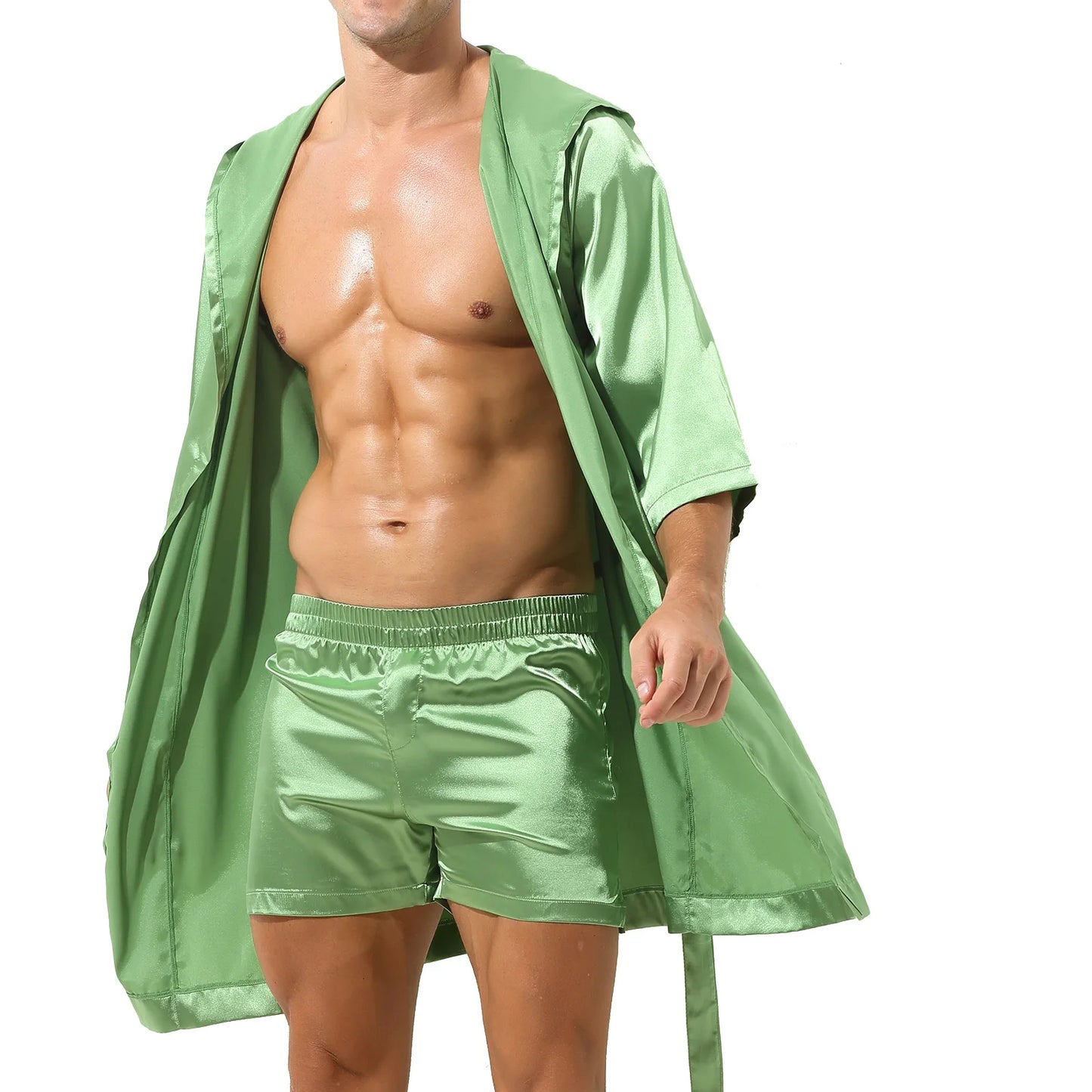 Mens Half Sleeve Sleepwear Set Hooded Open Front Belted Bathrobe with Elastic Waistband Shorts for Nightwear Loungewear