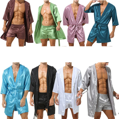 Mens Half Sleeve Sleepwear Set Hooded Open Front Belted Bathrobe with Elastic Waistband Shorts for Nightwear Loungewear