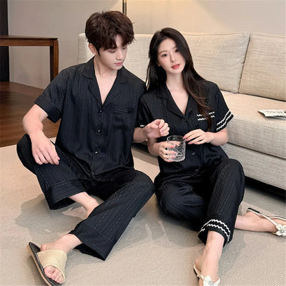 Couple Men Women Pajama Sets Sleepwear For Sleeping Shirt Silk Short Sleeve Pants Pyjama Male Home Night Wear Loungewear