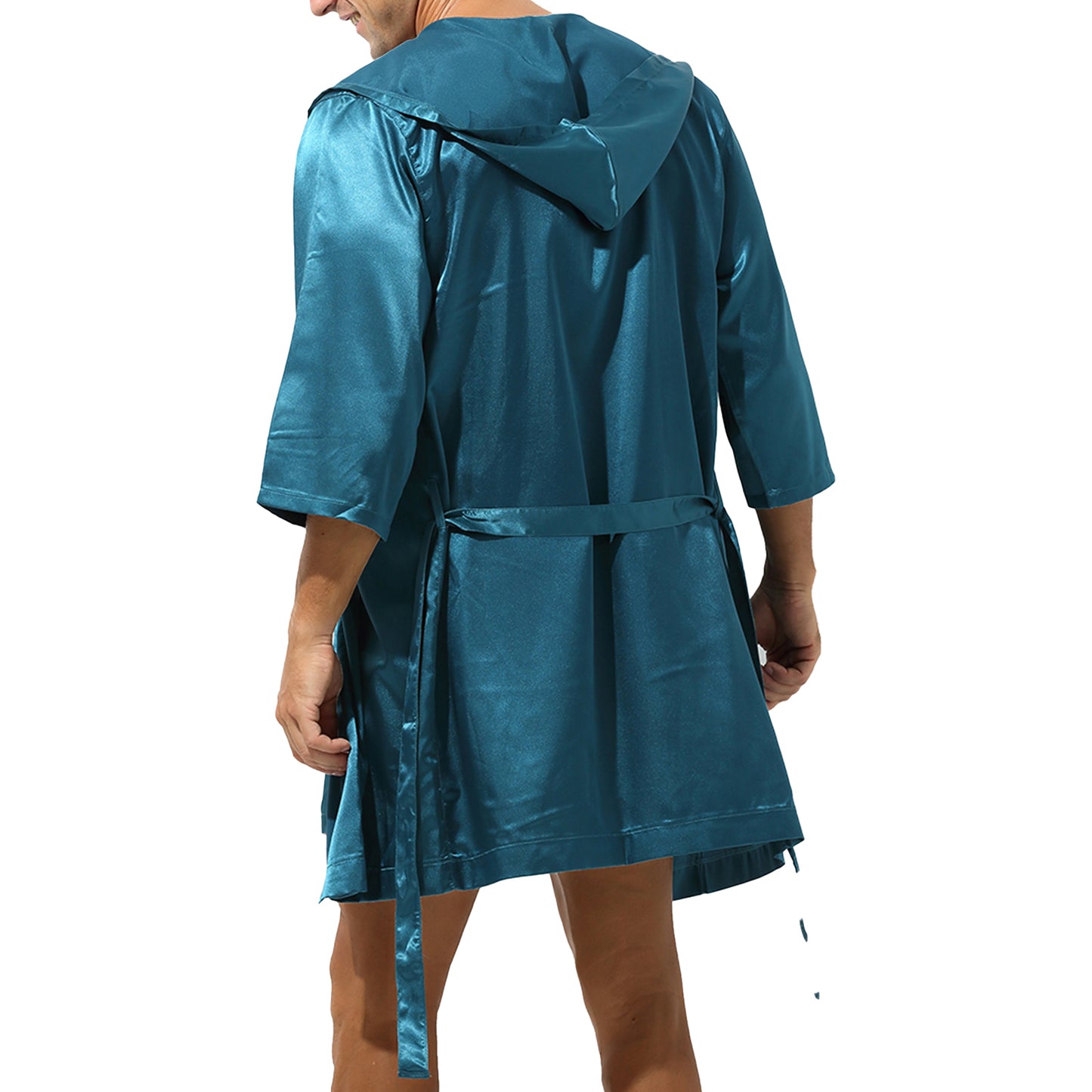 Mens Half Sleeve Sleepwear Set Hooded Open Front Belted Bathrobe with Elastic Waistband Shorts for Nightwear Loungewear