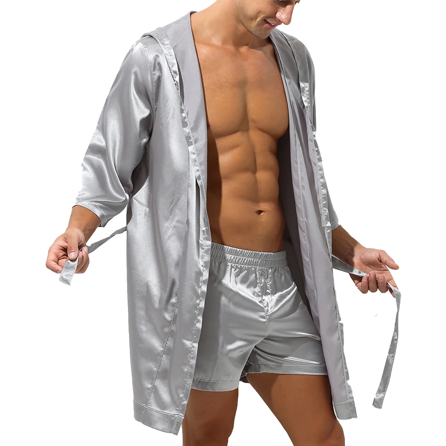 Mens Half Sleeve Sleepwear Set Hooded Open Front Belted Bathrobe with Elastic Waistband Shorts for Nightwear Loungewear