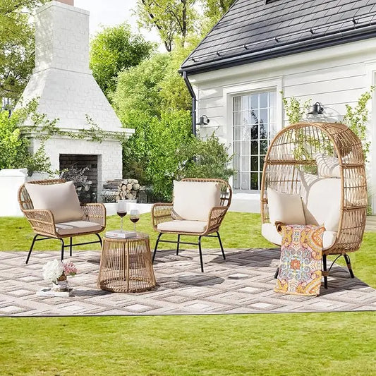 ® 4 Pcs Boho Outdoor Bistro Set With Egg Chair, 500lbs Heavy Duty Seating With Round Table, All Weather Wicker Patio Fur