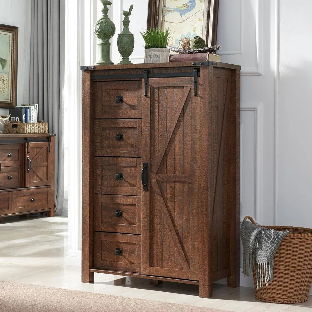 T4TREAM 5 Drawers Dresser for Bedroom w/Sliding Barn Door, Farmhouse Modern Dresser Tall 5 Chest of Drawers, Storage Organizer f