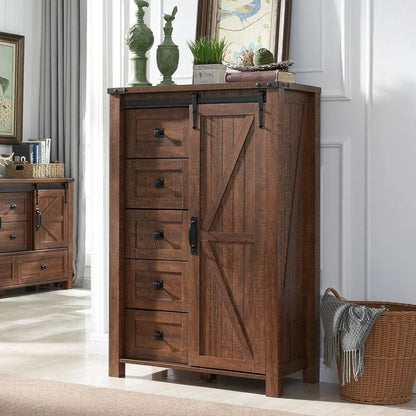 T4TREAM 5 Drawers Dresser for Bedroom w/Sliding Barn Door, Farmhouse Modern Dresser Tall 5 Chest of Drawers, Storage Organizer f