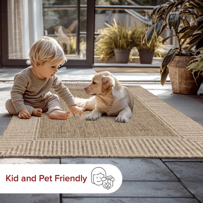 9'6" X 12' Outdoor Area Rug, Casual Design With Striped Border, Stain Resistant, Highly Durable, For Patio, Balcony, Bedroom