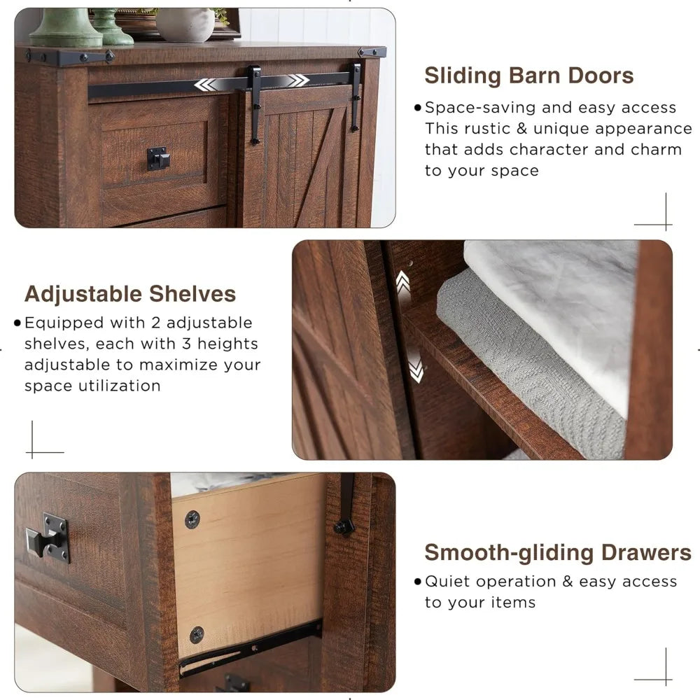 T4TREAM 5 Drawers Dresser for Bedroom w/Sliding Barn Door, Farmhouse Modern Dresser Tall 5 Chest of Drawers, Storage Organizer f
