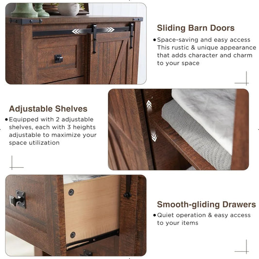 T4TREAM 5 Drawers Dresser for Bedroom w/Sliding Barn Door, Farmhouse Modern Dresser Tall 5 Chest of Drawers, Storage Organizer f
