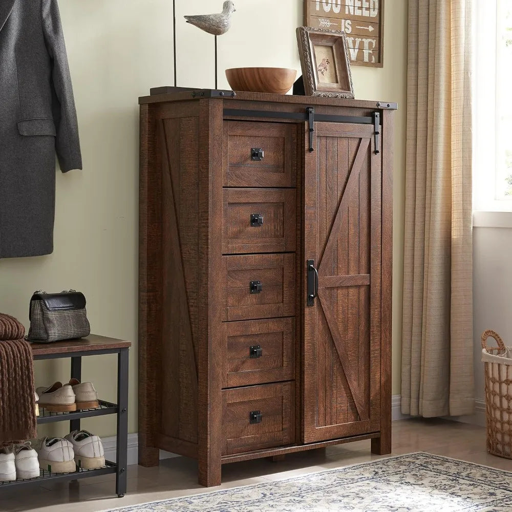 T4TREAM 5 Drawers Dresser for Bedroom w/Sliding Barn Door, Farmhouse Modern Dresser Tall 5 Chest of Drawers, Storage Organizer f