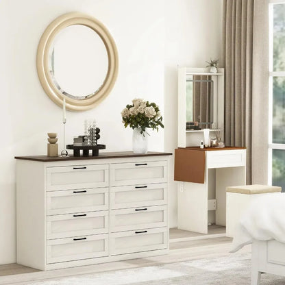 8 Drawer Dresser for Bedroom, White Dresser Wide Chest of Drawers, Farmhouse Wood Dresser with Vintage Handle