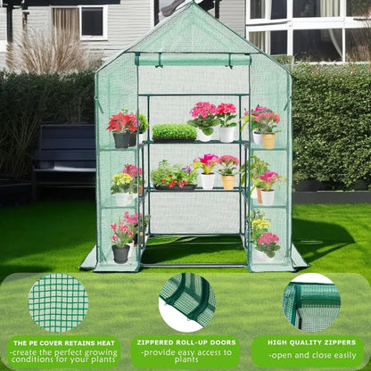 Outdoor Walk-in Greenhouse with Thickened PE Cover, Heavy Duty Steel Frame, Mesh Door, and Screen Windows, 14 Sturdy Shelves