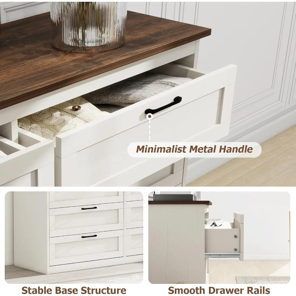 8 Drawer Dresser for Bedroom, White Dresser Wide Chest of Drawers, Farmhouse Wood Dresser with Vintage Handle