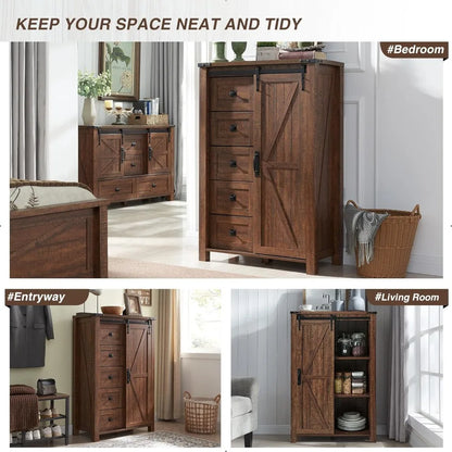 T4TREAM 5 Drawers Dresser for Bedroom w/Sliding Barn Door, Farmhouse Modern Dresser Tall 5 Chest of Drawers, Storage Organizer f